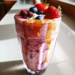 Five delicious fruit smoothies in vibrant colors and fresh ingredients.
