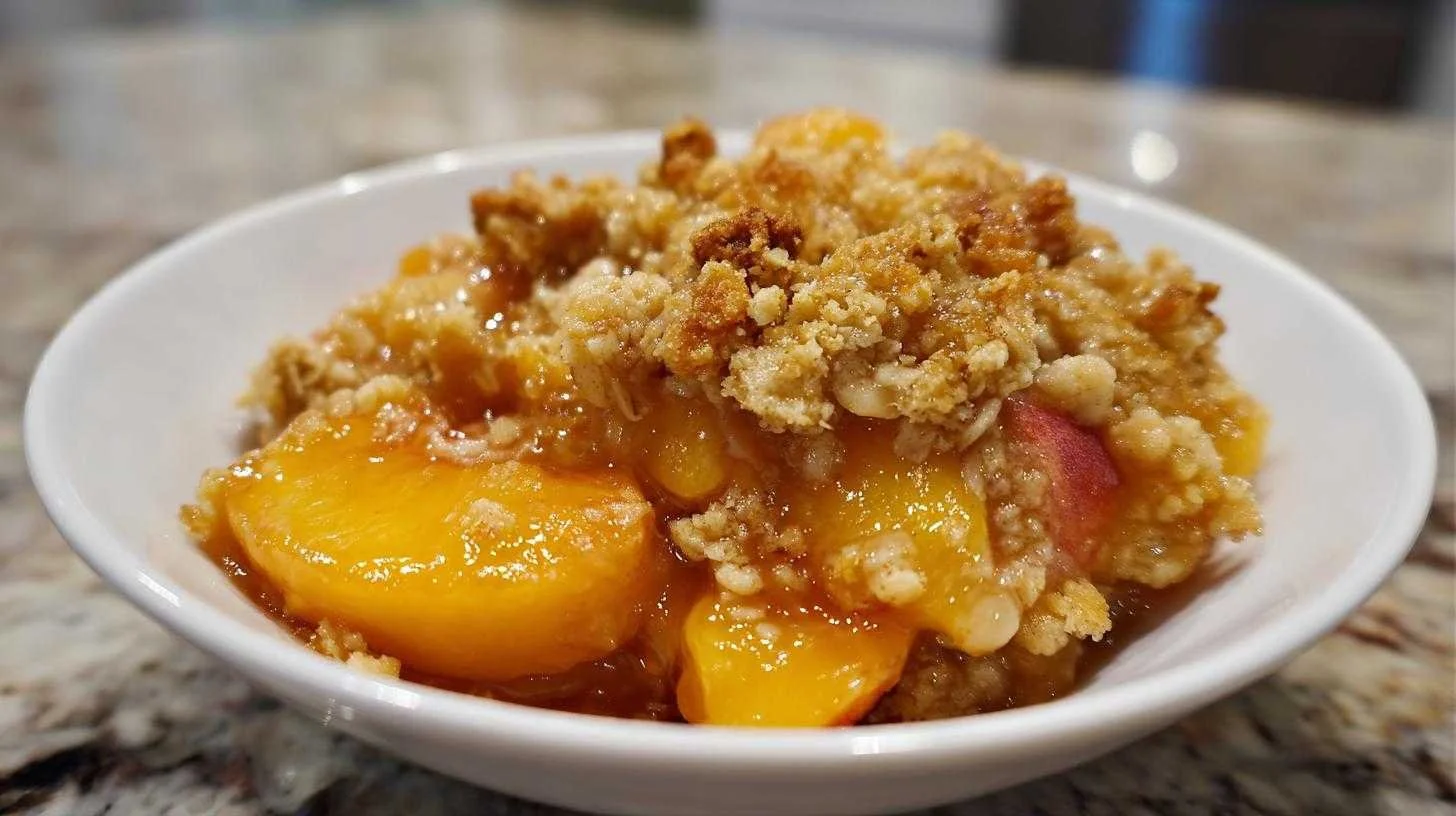 Delicious peach crisp made with fresh peaches and a crunchy topping