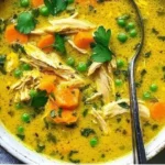 Bowl of anti-inflammatory turmeric chicken soup garnished with herbs.