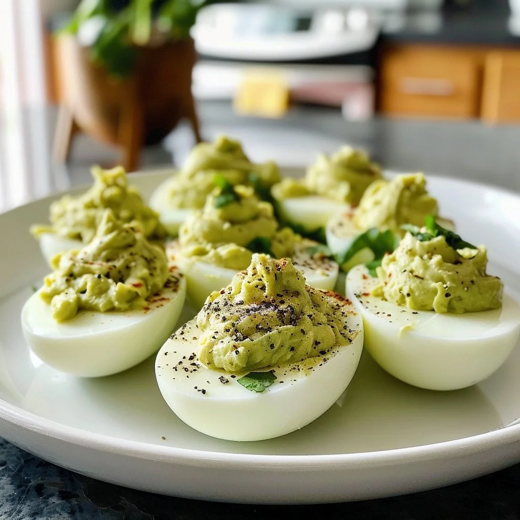 Avocado deviled eggs topped with paprika on a serving platter