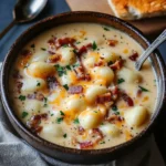 Bacon Cheddar Gnocchi Soup in a bowl, topped with herbs