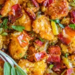 Delicious bacon cornbread stuffing in a baking dish, perfect for Thanksgiving.