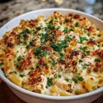 Delicious Baked Ziti Alfredo with Chicken served in a bowl