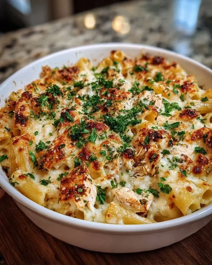 Delicious Baked Ziti Alfredo with Chicken served in a bowl