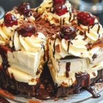 Slice of Black Forest Cake with chocolate layers and cherries on top
