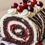 Delicious Black Forest Cream Roll Cake with cherries and whipped cream