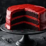 Delicious black velvet cake topped with bright red icing for a festive dessert.