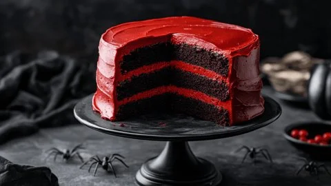 Delicious black velvet cake topped with bright red icing for a festive dessert.