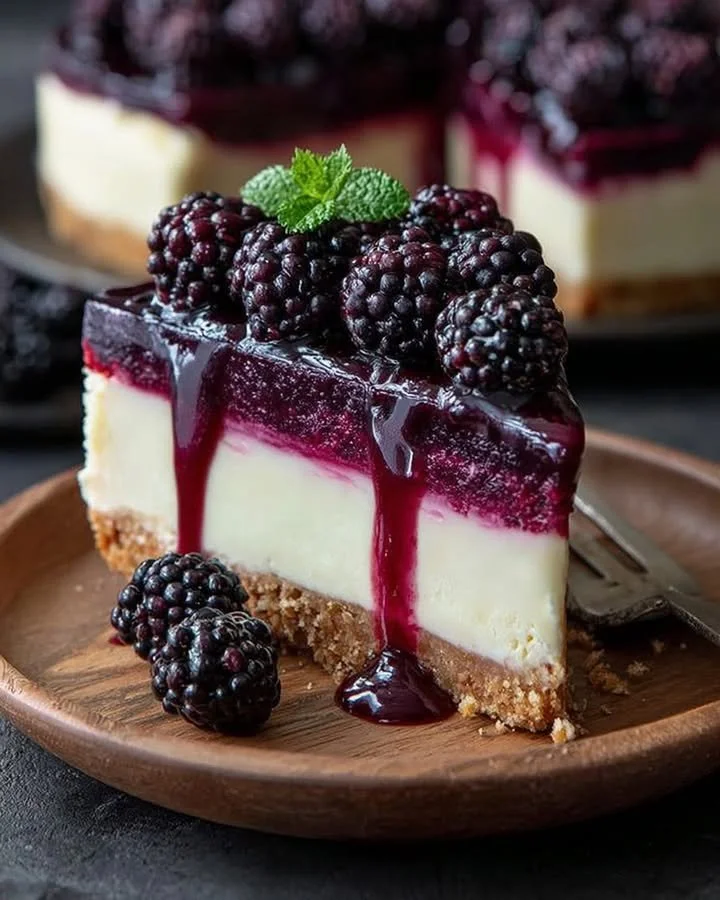 Delicious Blackberry Raspberry Heaven Cheesecake slice on a plate