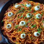 Bloody Spaghetti served with mozzarella eyeballs for a Halloween-themed meal.