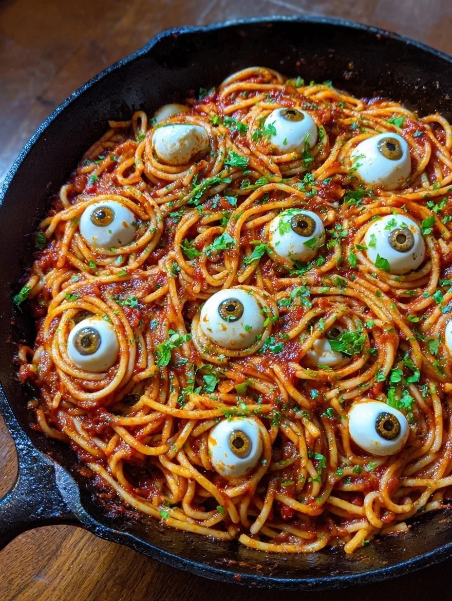 Bloody Spaghetti served with mozzarella eyeballs for a Halloween-themed meal.