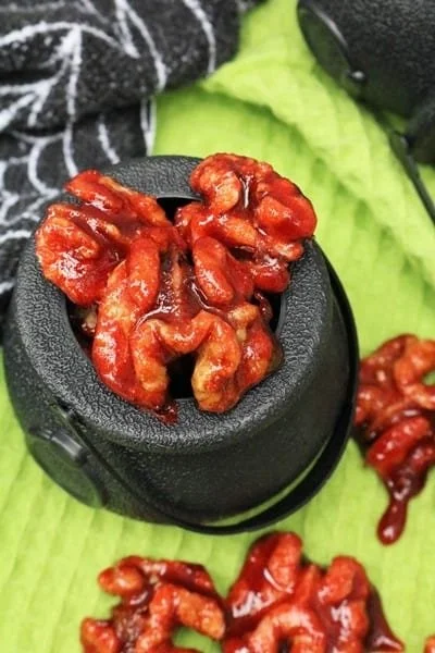 Bloody Zombie Brains made of candied walnuts for Halloween treats