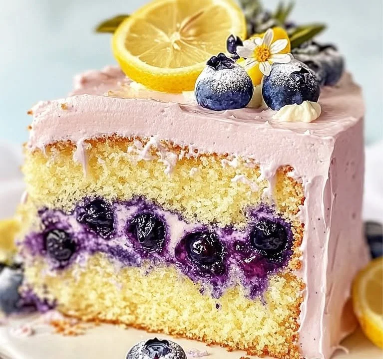 Blueberry Lemonade Buttermilk Cake topped with blueberries and lemon zest