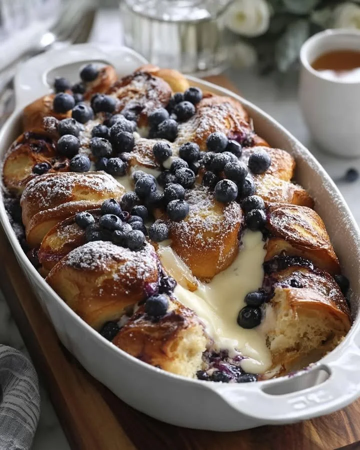 Blueberry Mascarpone French Toast Bake served on a plate.