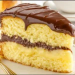 Delicious slice of Boston Cream Pie with cake layers and chocolate icing