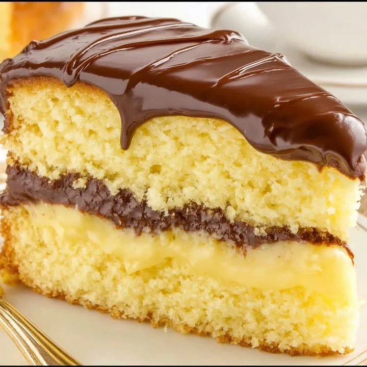 Delicious slice of Boston Cream Pie with cake layers and chocolate icing