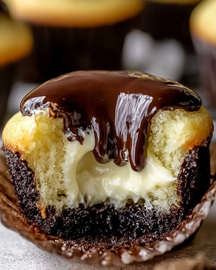 Delicious Boston Cream Pie Cupcakes topped with chocolate ganache and creamy filling