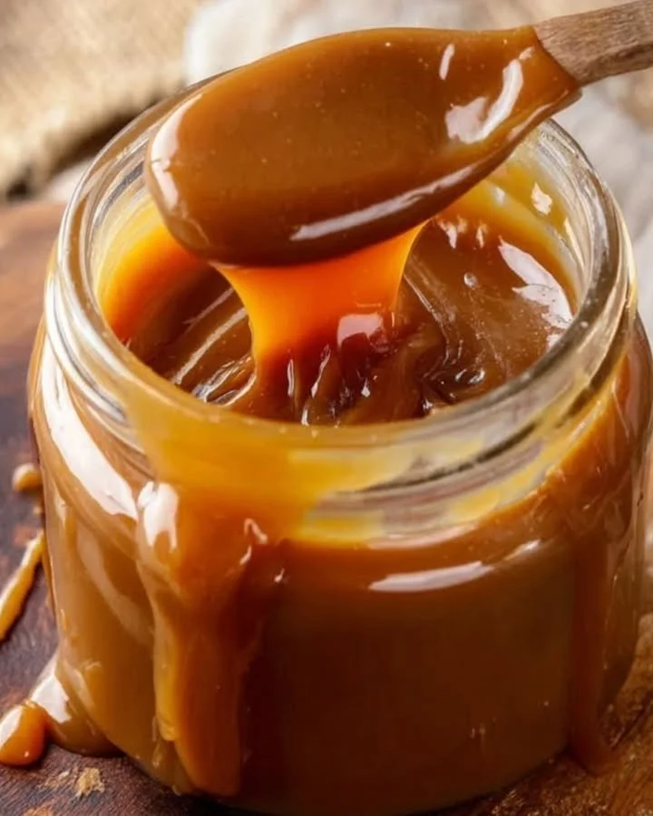 Homemade brown sugar caramel sauce drizzled over desserts