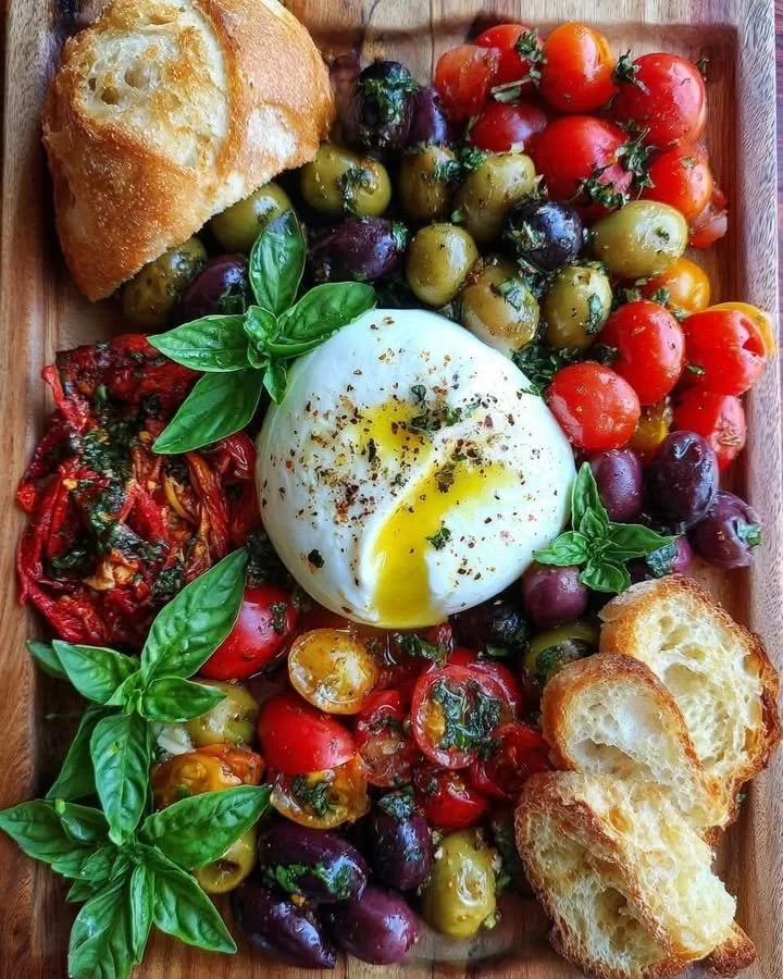Gourmet Burrata and Olive Oil Tasting Platter with fresh ingredients.