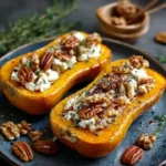 Butternut squash stuffed with goat cheese, nuts, and honey