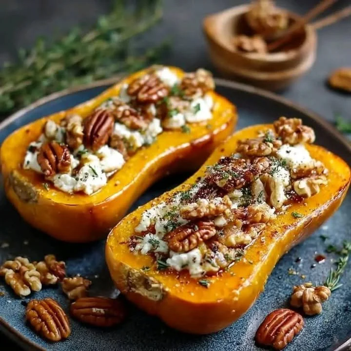 Butternut squash stuffed with goat cheese, nuts, and honey