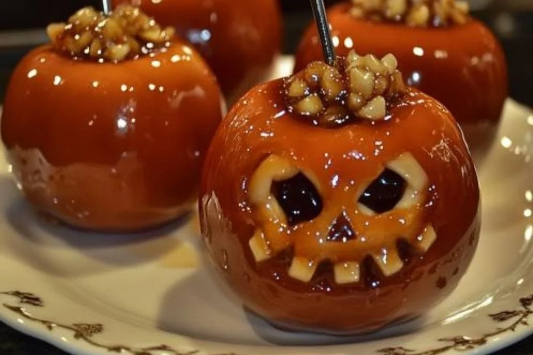 Vibrant candied apples decorated for Halloween festivities