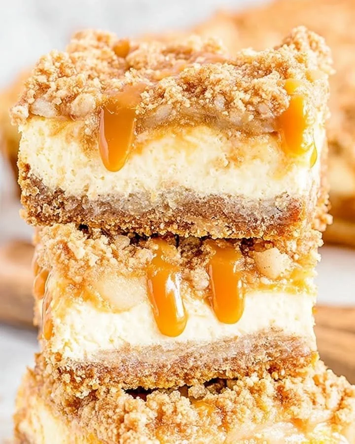 Delicious caramel apple cheesecake bars topped with caramel drizzle