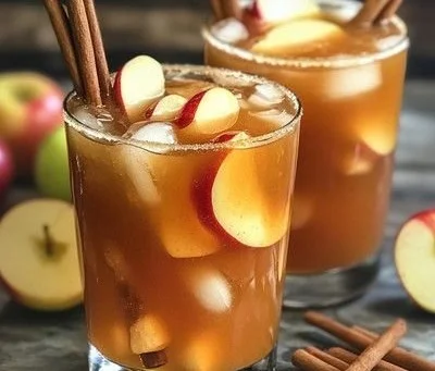 Caramel Apple Pie Punch mocktail in a glass with apple slices and caramel drizzle