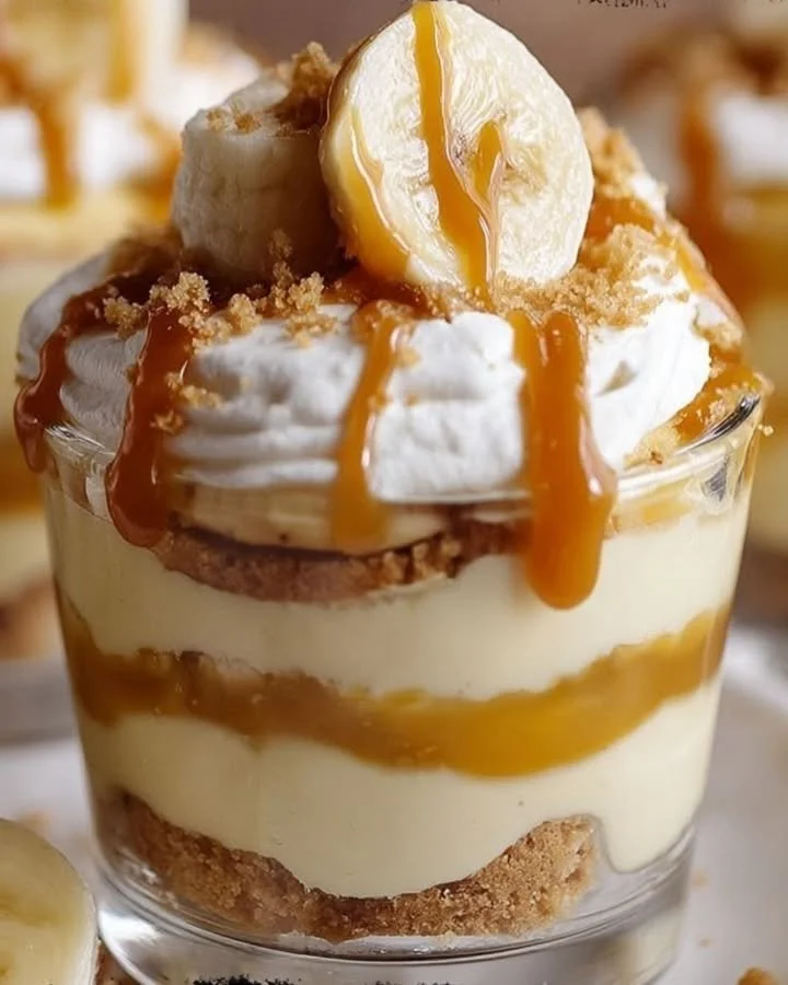 Delicious Caramel Banana Pudding Cups served in clear dessert cups
