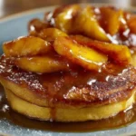 Delicious caramel peach upside-down pancakes served with fresh peaches and syrup.