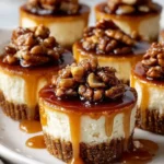 Mini caramel pecan cheesecakes topped with caramel and pecans