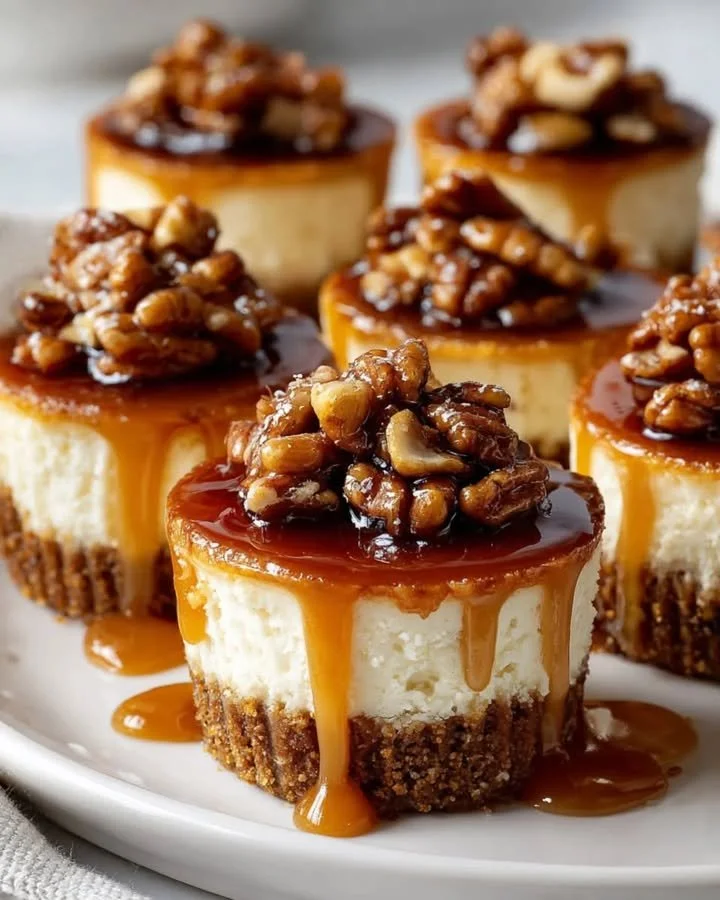 Mini caramel pecan cheesecakes topped with caramel and pecans