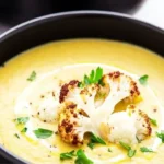 Creamy cauliflower soup with coconut milk served in a bowl garnished with herbs.
