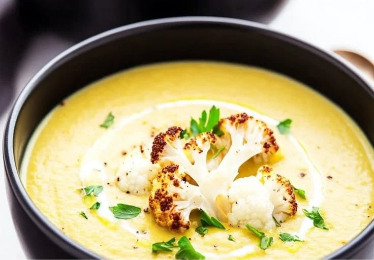 Creamy cauliflower soup with coconut milk served in a bowl garnished with herbs.