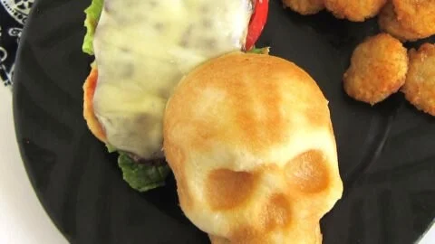 Delicious cheeseburger skulls decorated for Halloween