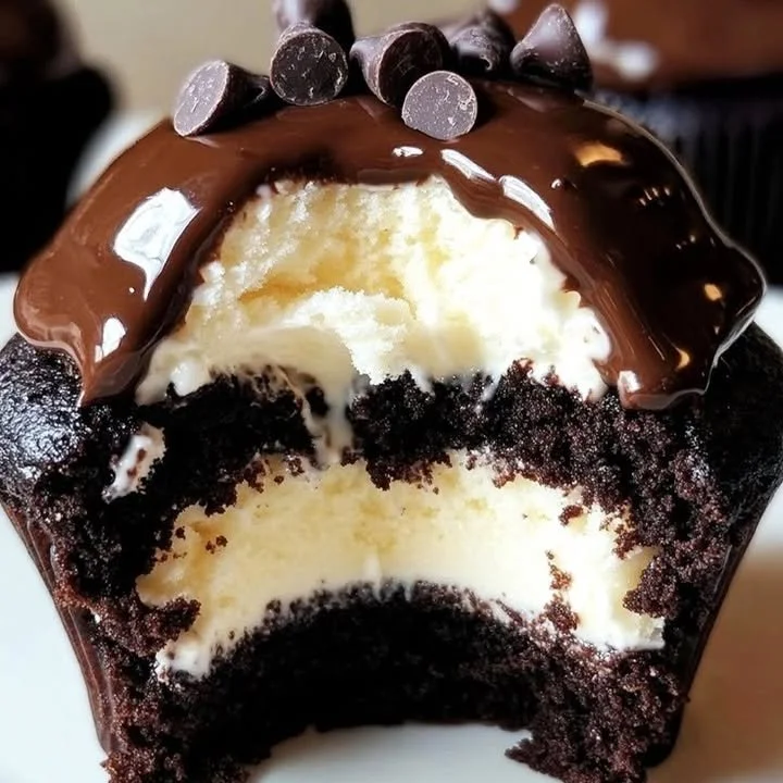 Cheesecake-stuffed chocolate cupcakes topped with creamy frosting