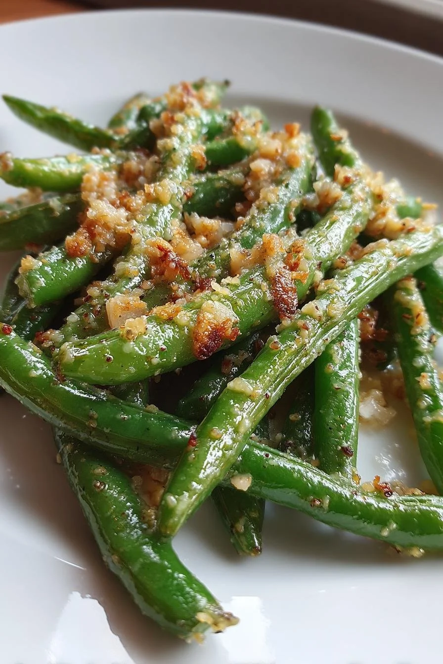 Delicious cheesy garlic green beans served as a side dish