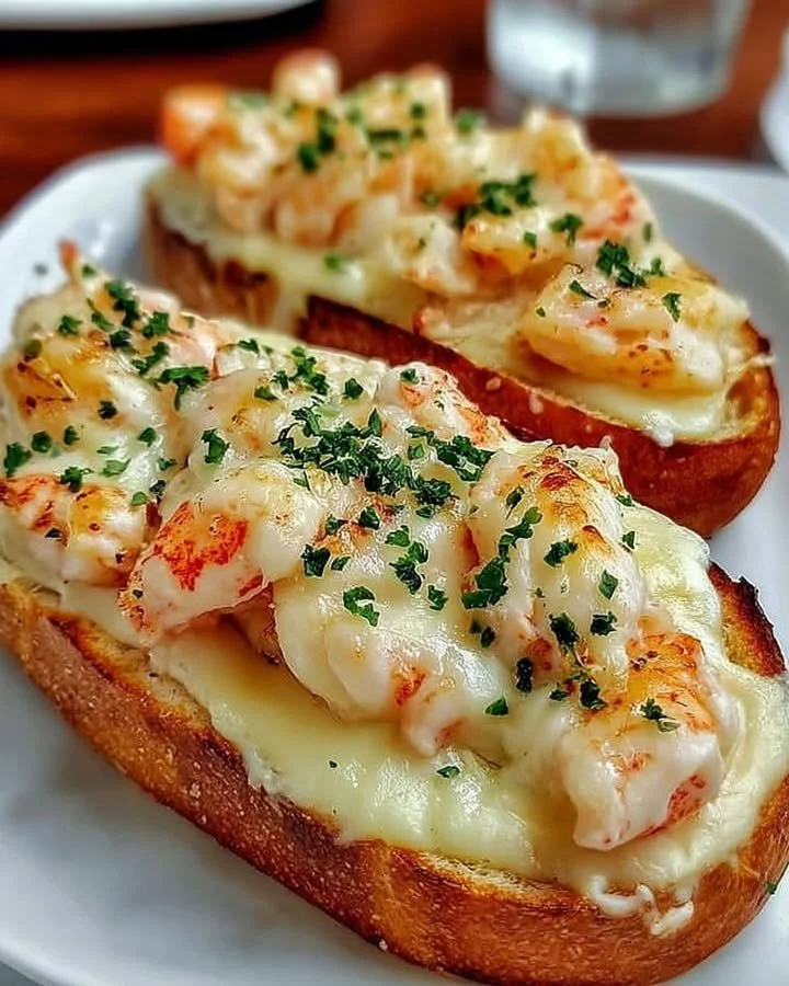 Cheesy lobster garlic bread topped with herbs and cheese, ready to serve.