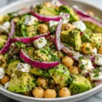 Chickpea Feta Avocado Salad garnished with fresh herbs and vegetables