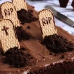 Halloween-themed chocolate cake with spooky decorations