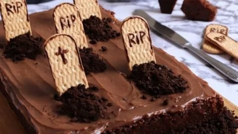 Halloween-themed chocolate cake with spooky decorations