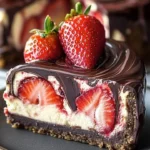 Delicious chocolate strawberry cheesecake with a creamy swirl