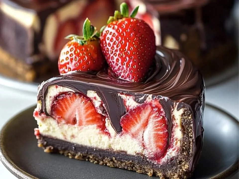 Delicious chocolate strawberry cheesecake with a creamy swirl