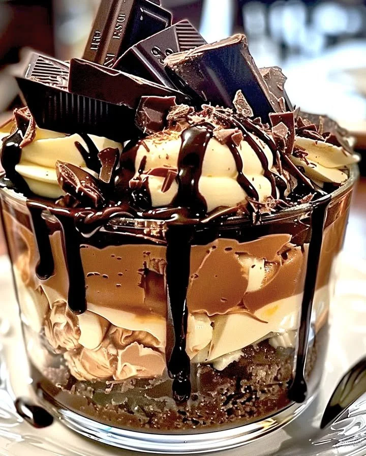 Delicious chocolate trifle with layers of mousse and cake