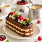 Slice of Chocolate and Vanilla Cream Layer Cake with rich frosting