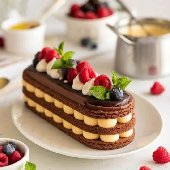 Slice of Chocolate and Vanilla Cream Layer Cake with rich frosting