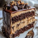 A slice of classic chocolate cake on a plate with a fork