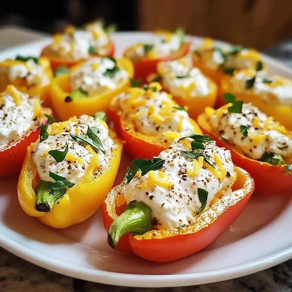 Cold stuffed mini peppers filled with cream cheese on a serving platter