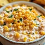 Deliciously creamy corn dip served in a bowl with tortilla chips.