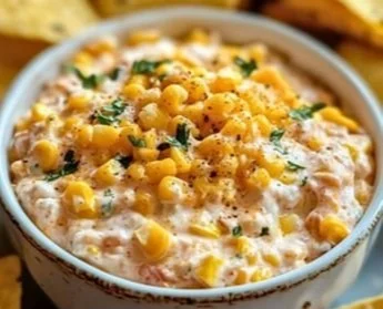 Deliciously creamy corn dip served in a bowl with tortilla chips.